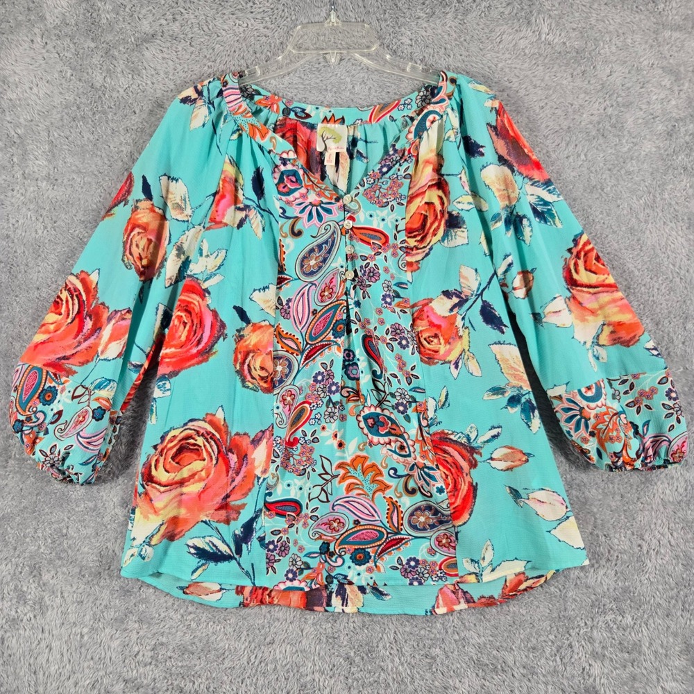 Fig and Flower Women Turquoise Floral Paisley Button Neck Blouse Large RN69791